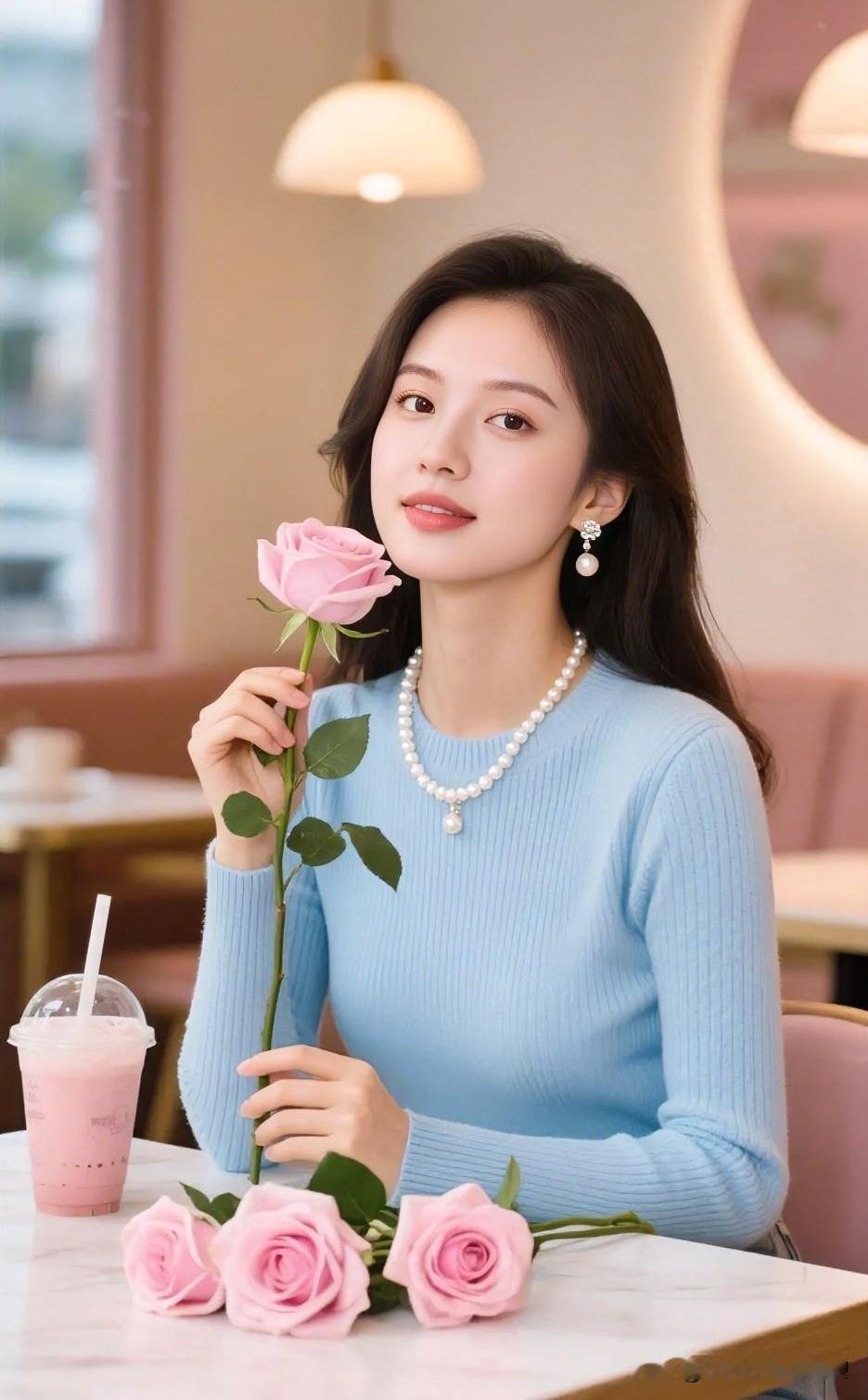 淡蓝柔衫映玉肌，粉玫轻执韵如诗。

珠环垂颈添温婉，暖盏盈香伴静时。

眸底春波