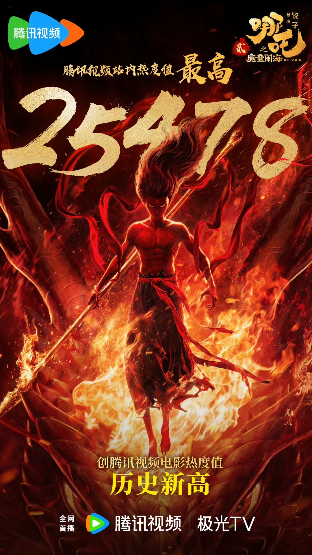 《哪吒之魔童闹海》网播上线后，创腾讯视频电影热度值历史新高！哪吒在哪里都是破纪录