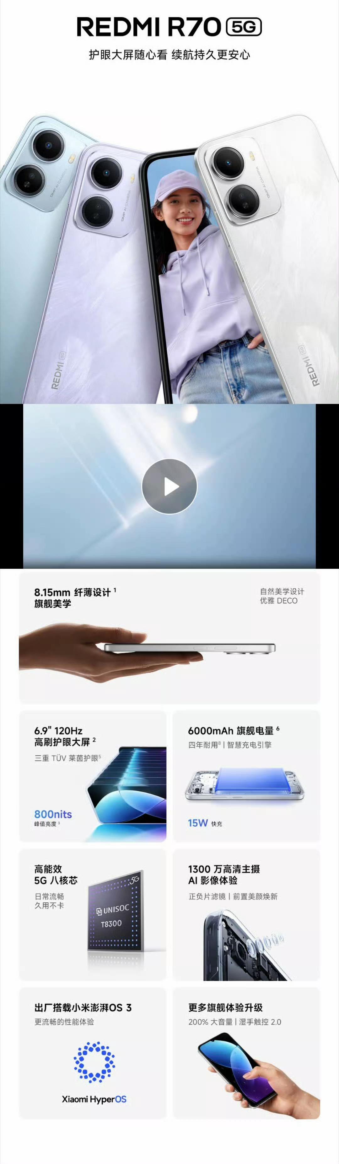 红米R70震撼发布：720p屏幕，15w超充，1300万单主摄，紫光展锐T830