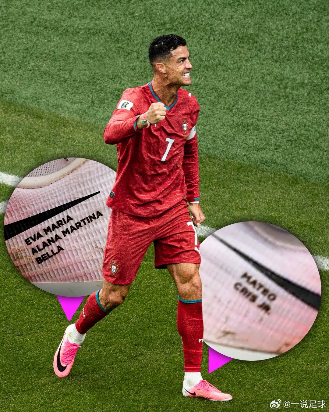金色球鞋，球鞋上印五个孩子名字，鞋垫印goat！这就是一生要强的C罗！⚽️🔥C