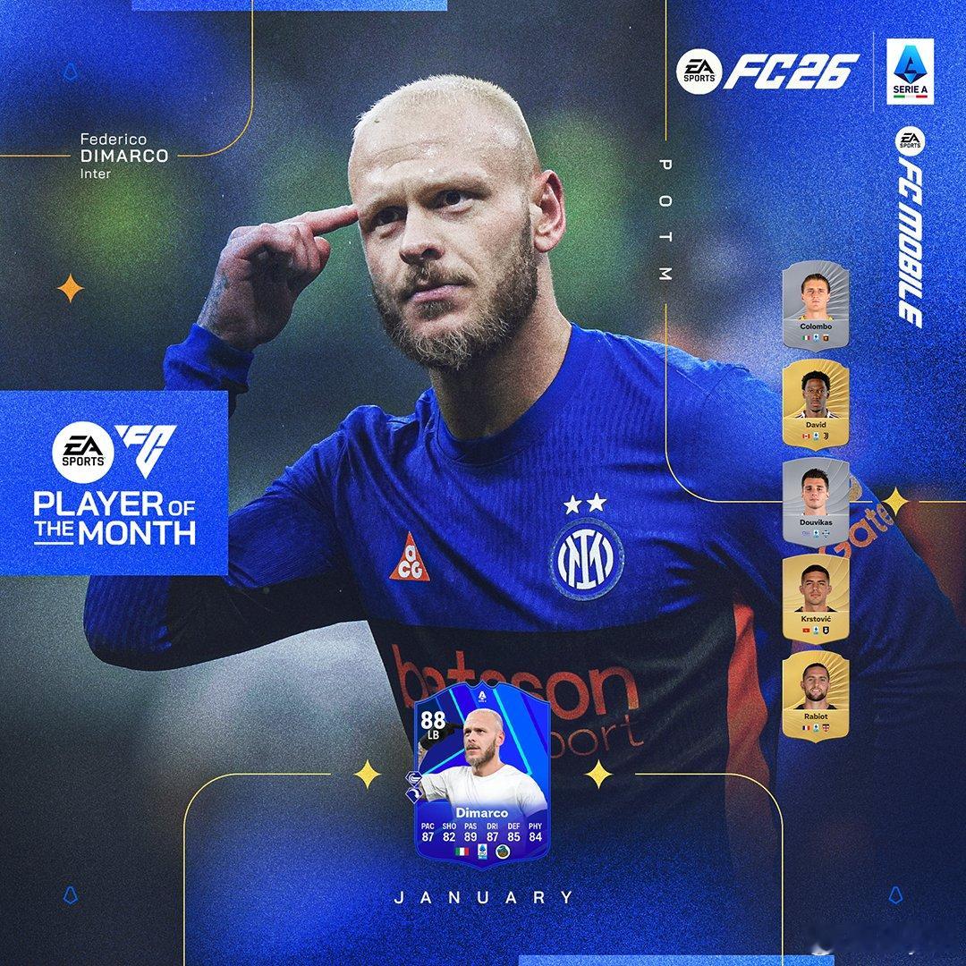 意甲联赛一月最佳球员公布！迪马尔科获选.FC26
