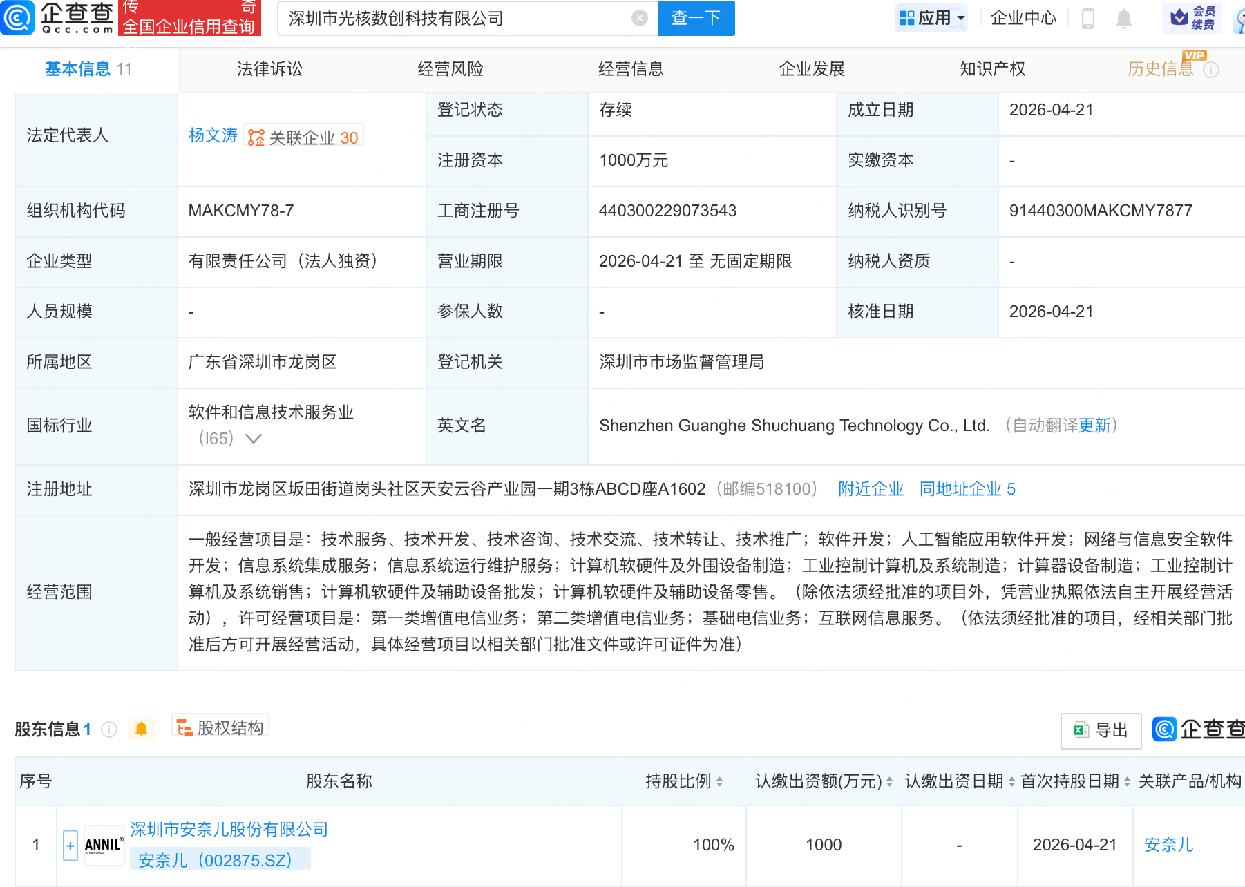 安奈儿成立光核数创科技公司，含AI业务