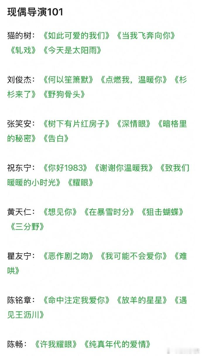 现偶导演101现偶导演代表作 ：猫的树:《如此可爱的我们》《当我飞奔向你》《轧戏
