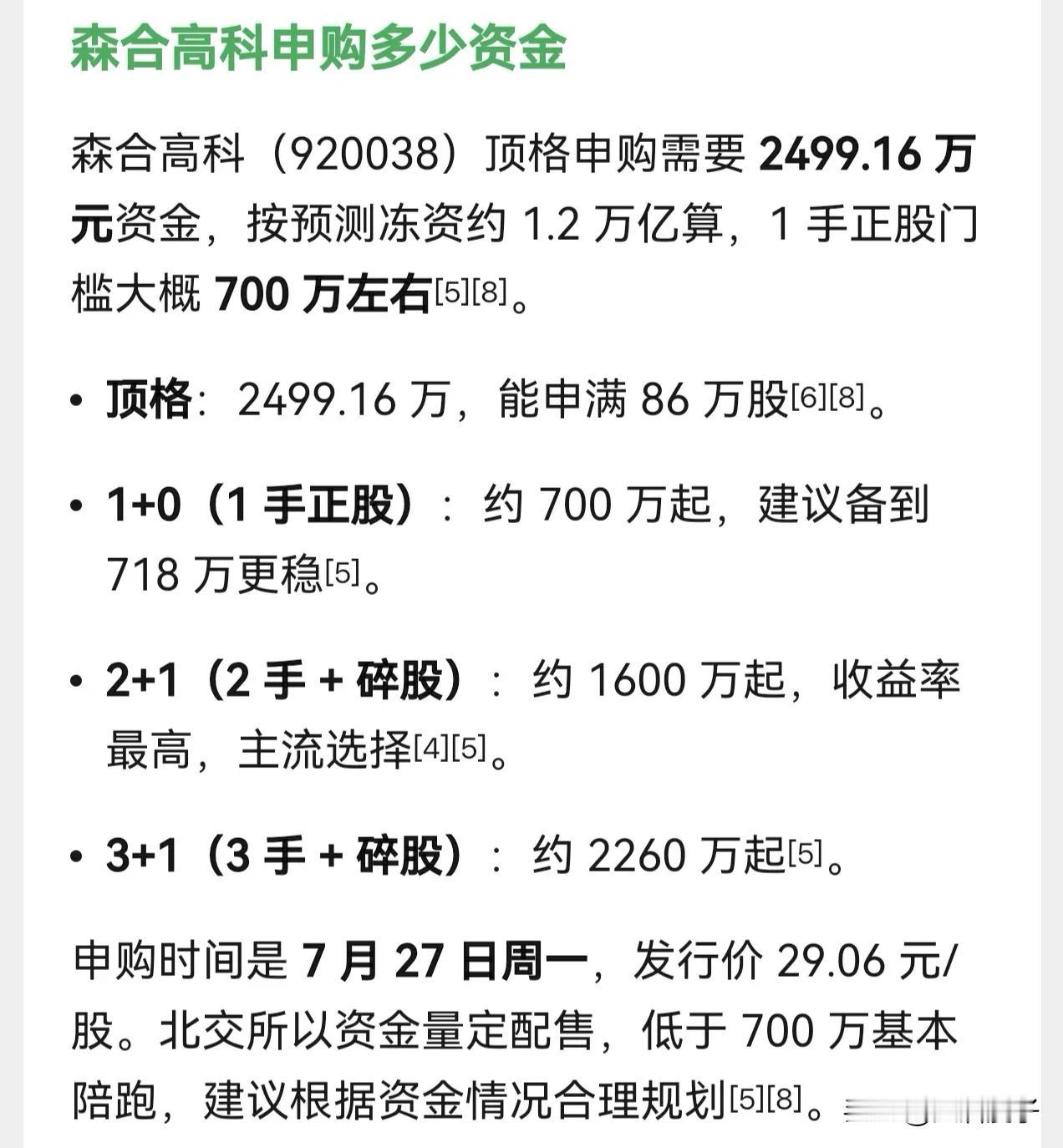 朋友们，北交所新股森合高科7月27日（星期一）开启申购，发行价格为29.06元。