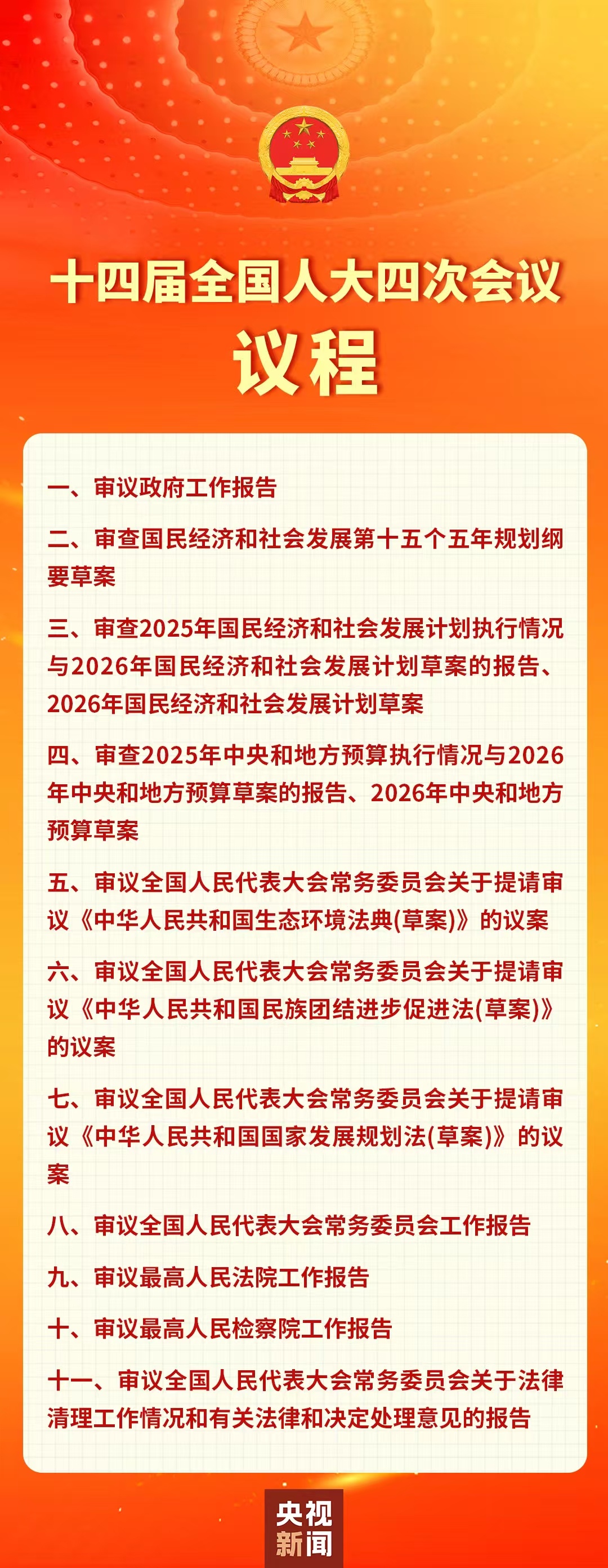 十四届全国人大四次会议议程：除了常规议程外，审议生态环境法典(草案）、民族团结进