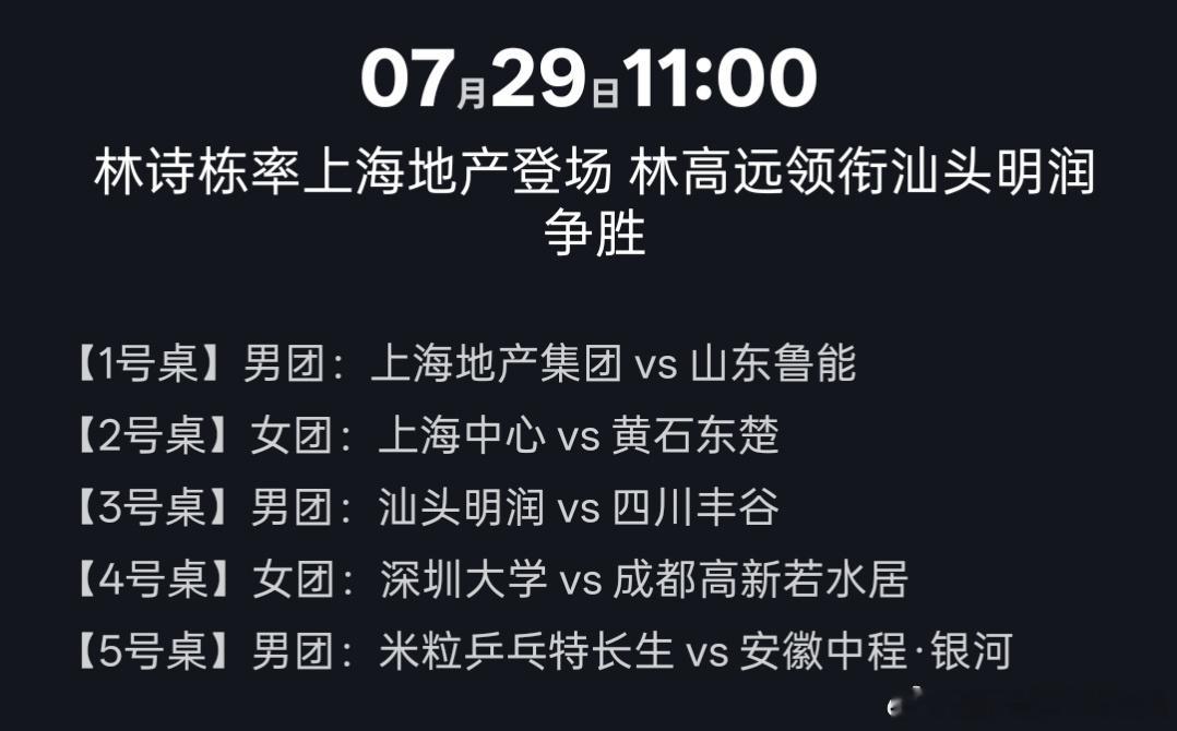 2026赛季中国乒乓球俱乐部超级联赛常规赛第二站（雄安新区）赛程，7月29日比赛