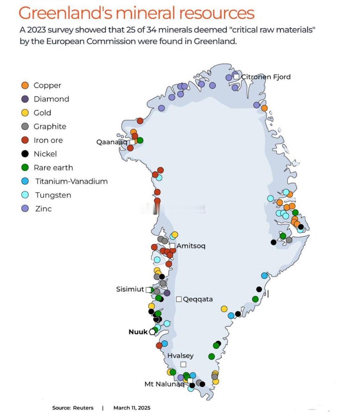 丹麦和格陵兰地质调查局2023年的一项评估显示，该岛无冰边缘蕴藏着欧盟34种关键