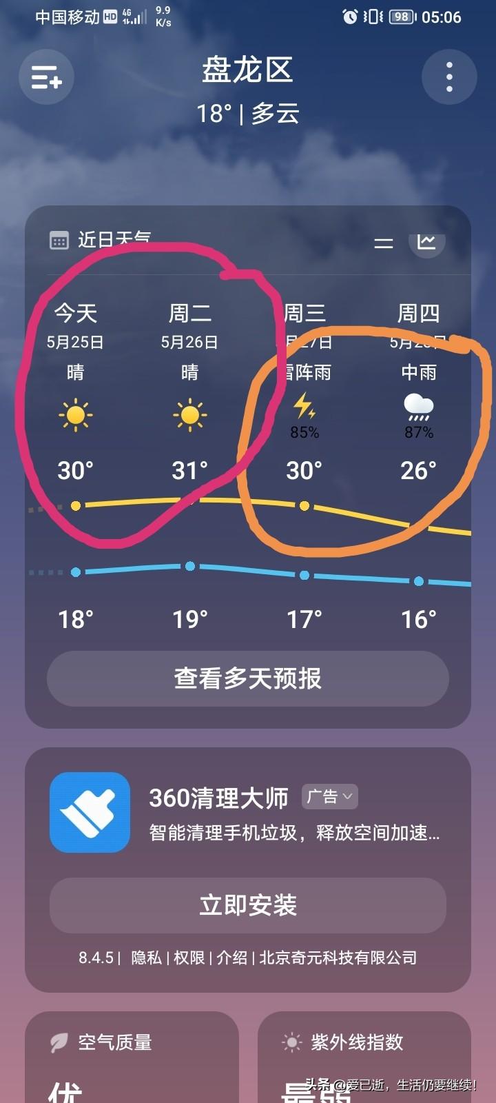 云南昆明市盘龙区终于要下雨了！
这两天昆明市的气温实在热的受不了！31度啊！买盘