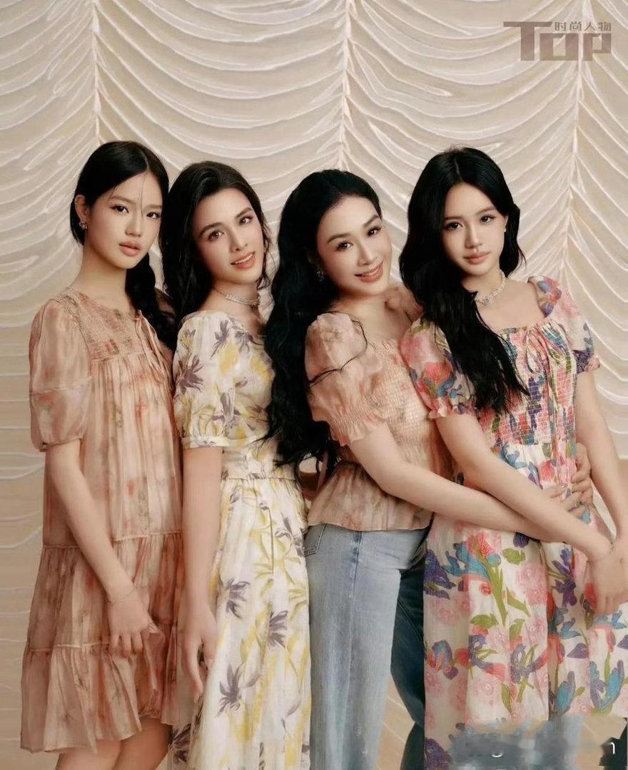 钟丽缇携三个女儿拍摄全新杂志大片，一家四口同框出镜，四朵金花各有独特韵味，全员颜