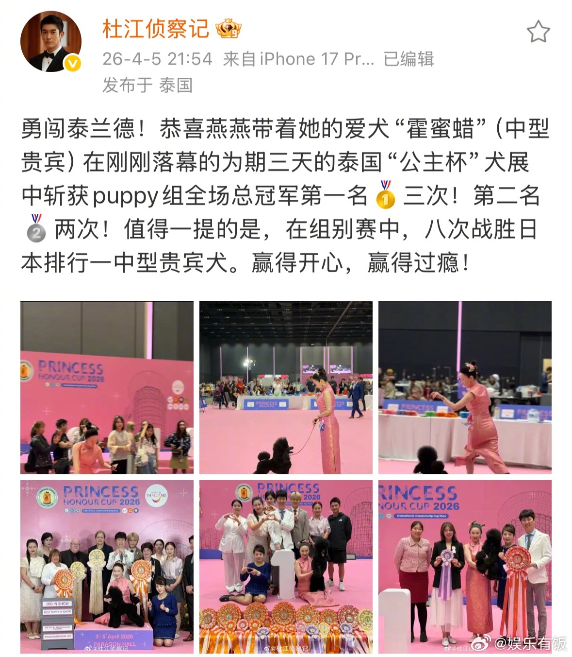 霍思燕泰国犬赛再夺冠 发文晒照恭喜携中型贵宾爱犬“霍蜜蜡”勇闯泰国，征战为期三天