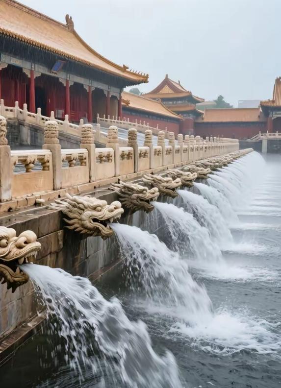 天降大雨后，太和殿前1142个石雕龙头集体吐水，古人将排水系统设计的如此壮观。