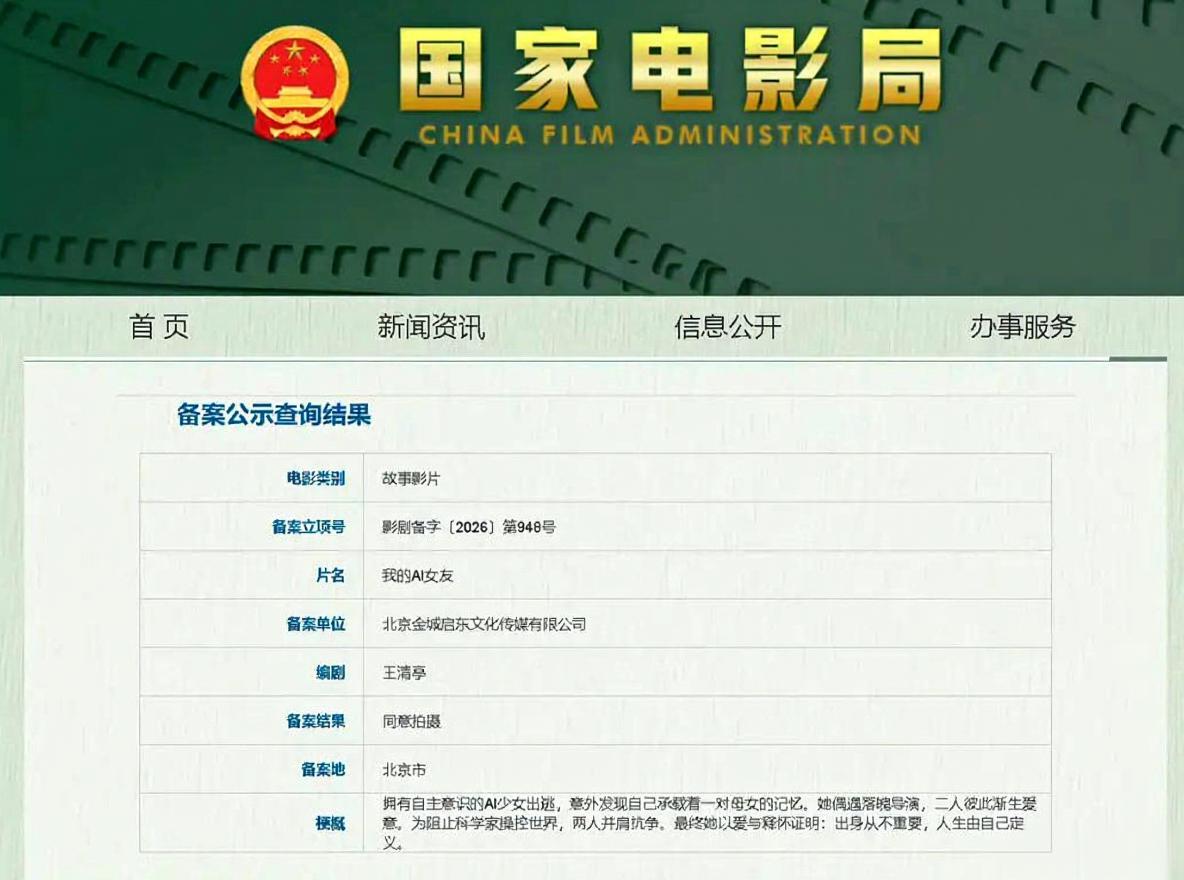 电影《我的Ai 女友》立项 王清亭担任编剧故事梗概：拥有自主意识的AI少女出逃，
