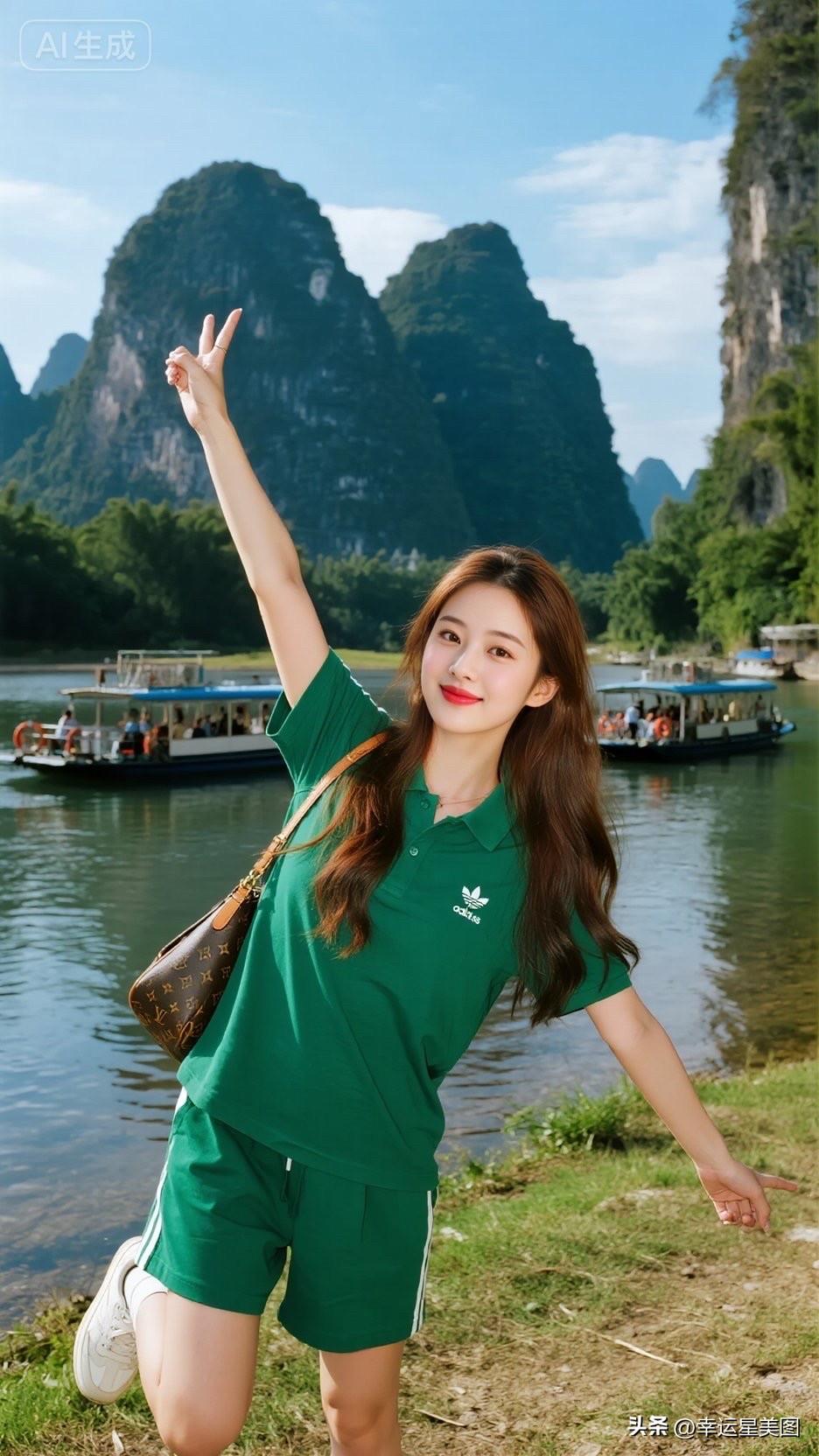 这位美女在风景秀丽的漓江边比着V字手势。