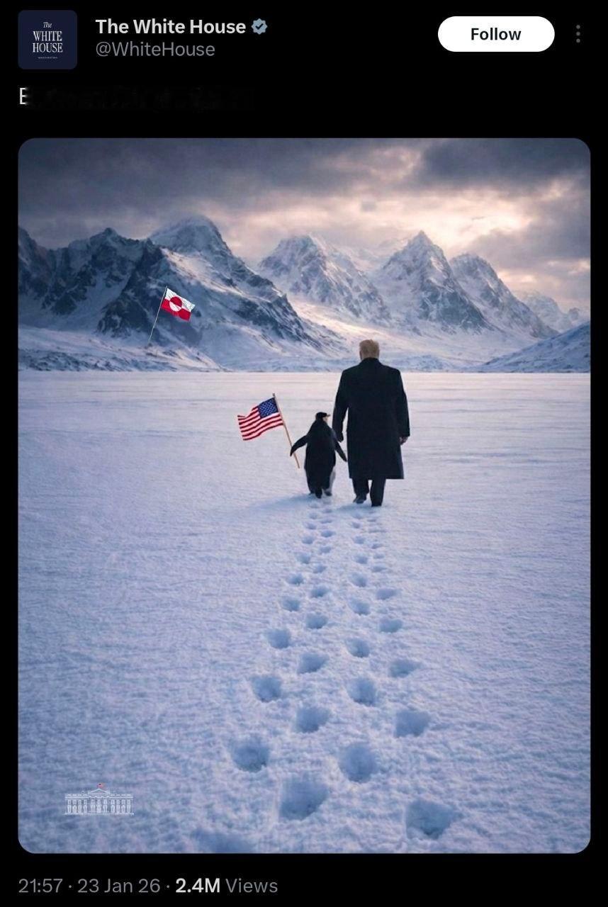 格陵兰岛上并没有企鹅，企鹅生活在南半球。白宫可能还不知道自己到底想征服什么。何天