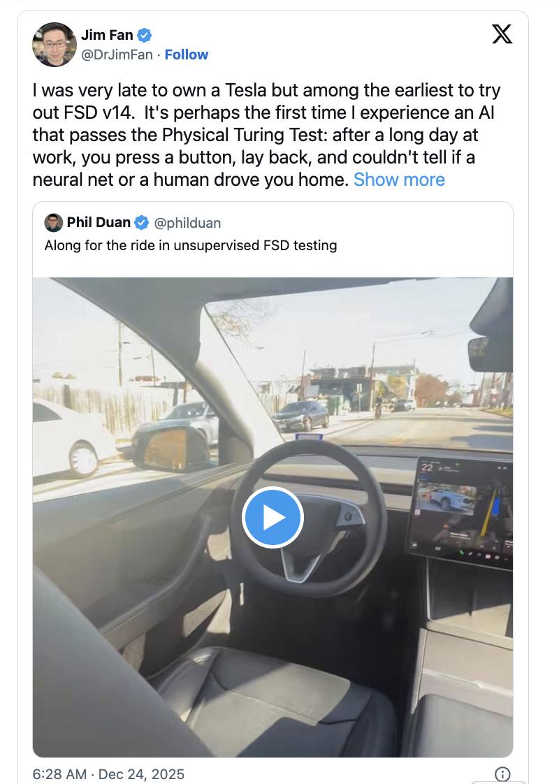 英伟达高管盛赞特斯拉FSD
英伟达负责机器人业务的总监Jim Fan盛赞特斯拉的