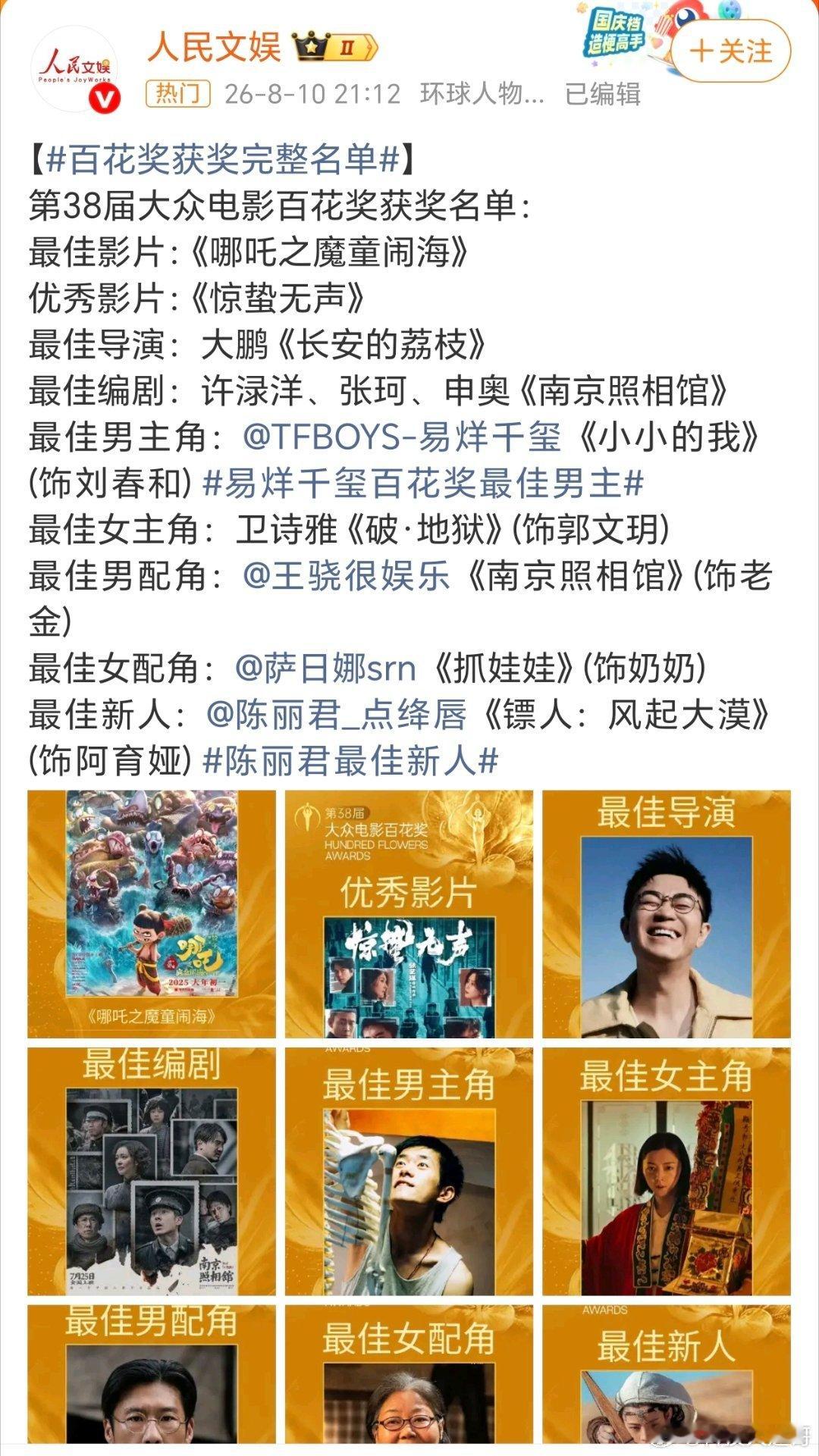 【百花奖获奖完整名单】第38届百花奖（2026.8.10，北京“冰丝带”）由10