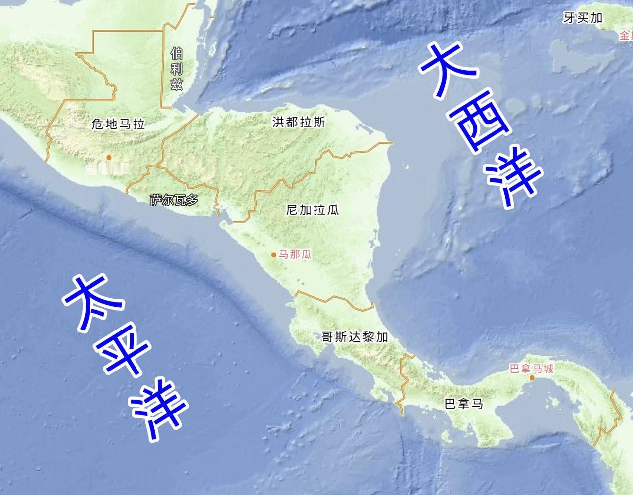 中美地狭上7个小国家，有5个两面临海：巴拿马、尼加拉瓜、哥斯达黎加、洪都拉斯、危