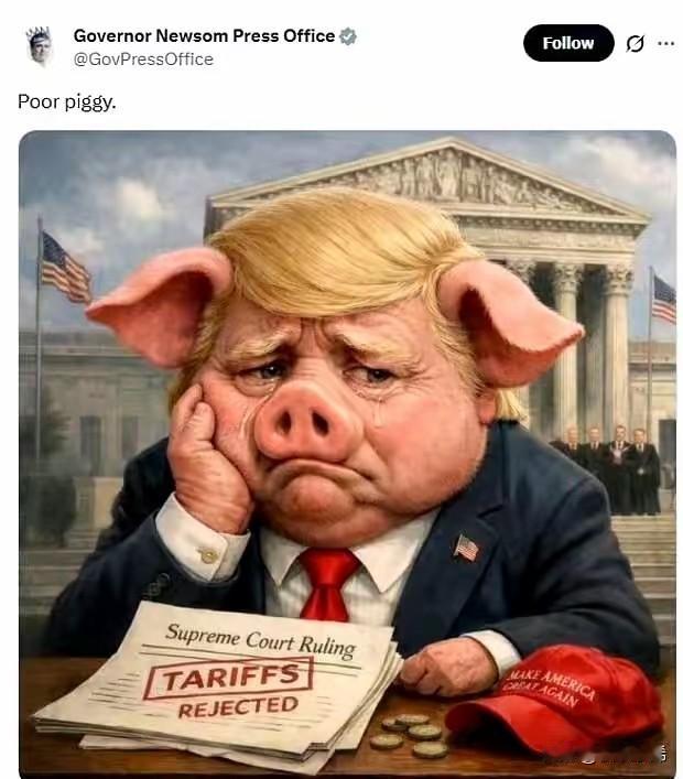 美国政坛彻底放飞自我！加州州长纽森直接发漫画，把特朗普画成哭泣的猪，公开嘲讽他关