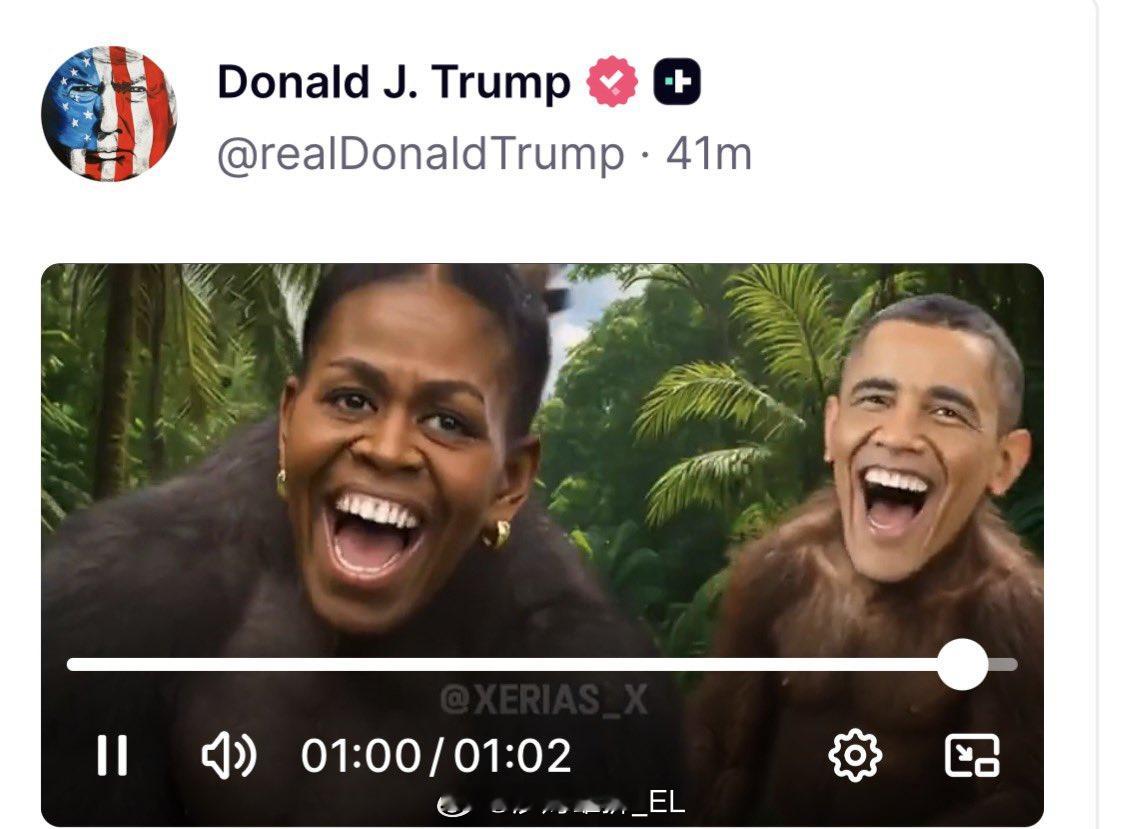 特朗普转发了一个把猩猩换脸成奥巴马夫妇的视频，这个行为遭到了一些批评，被认为是官