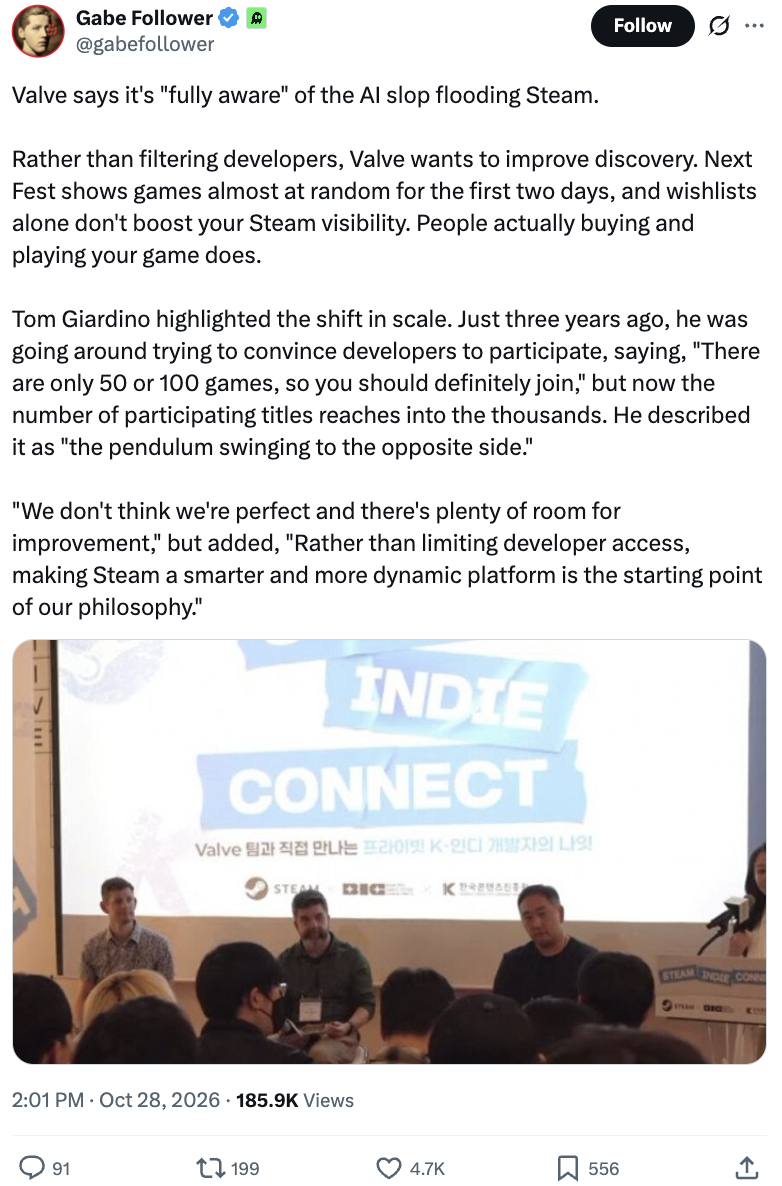 Valve回应“Steam 平台低质量AI游戏泛滥”：正持续优化作品推荐机制