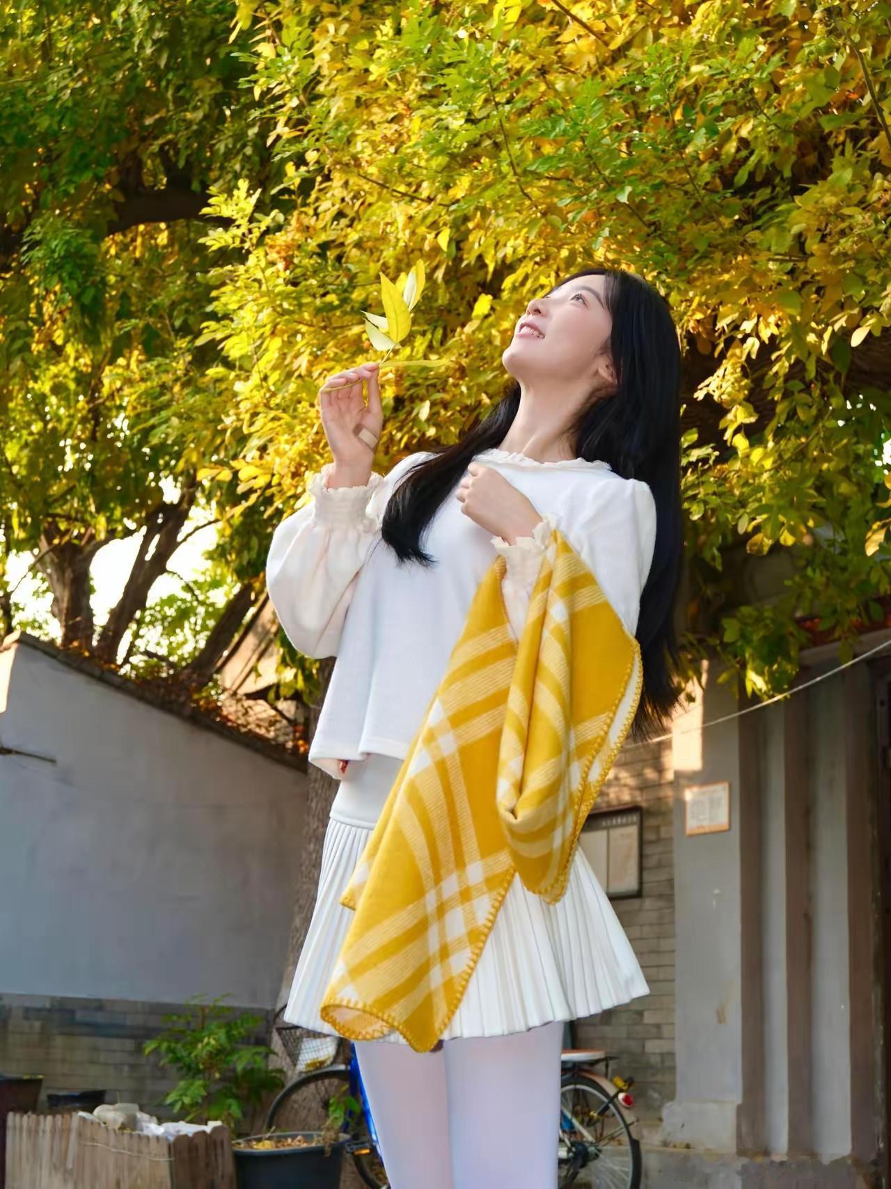 秋日暖阳下，少女与落叶共舞白丝[话题]