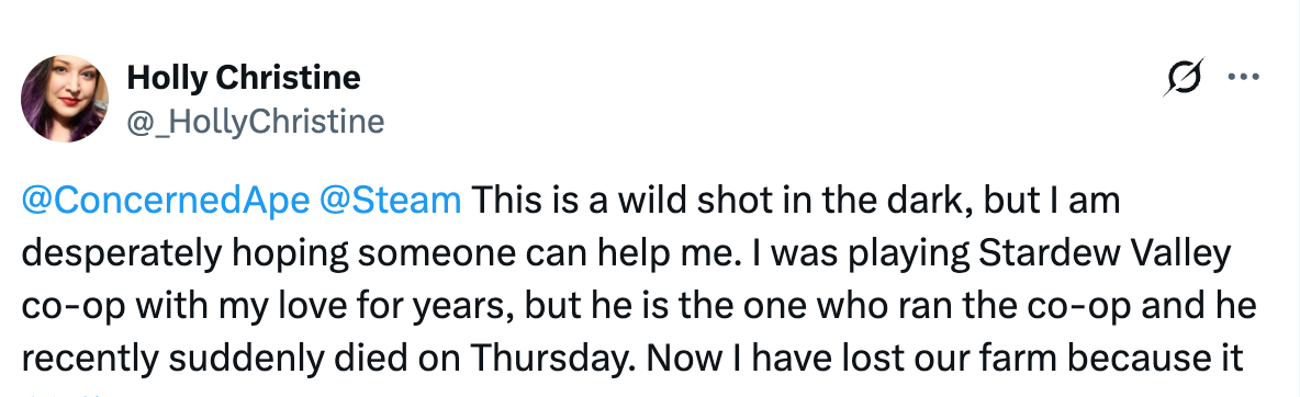 【《星露谷》玩家为去世爱人找回存档，制作人暖心帮助】近日，一位《星露谷物语》女玩