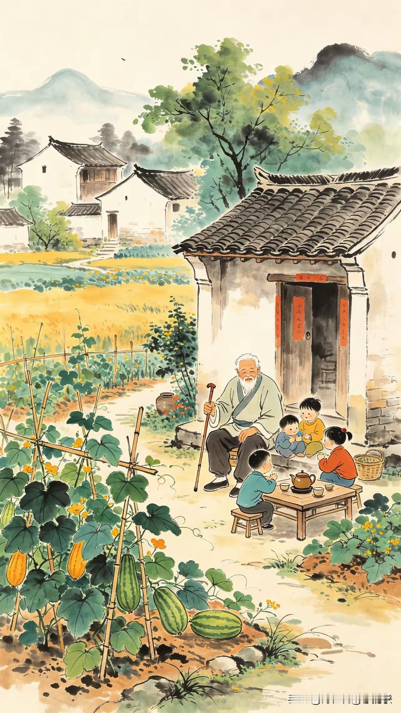 老去身闲懒出门，
种瓜种豆小山村。
儿孙绕膝茶初熟，
万品岁月度光阴。