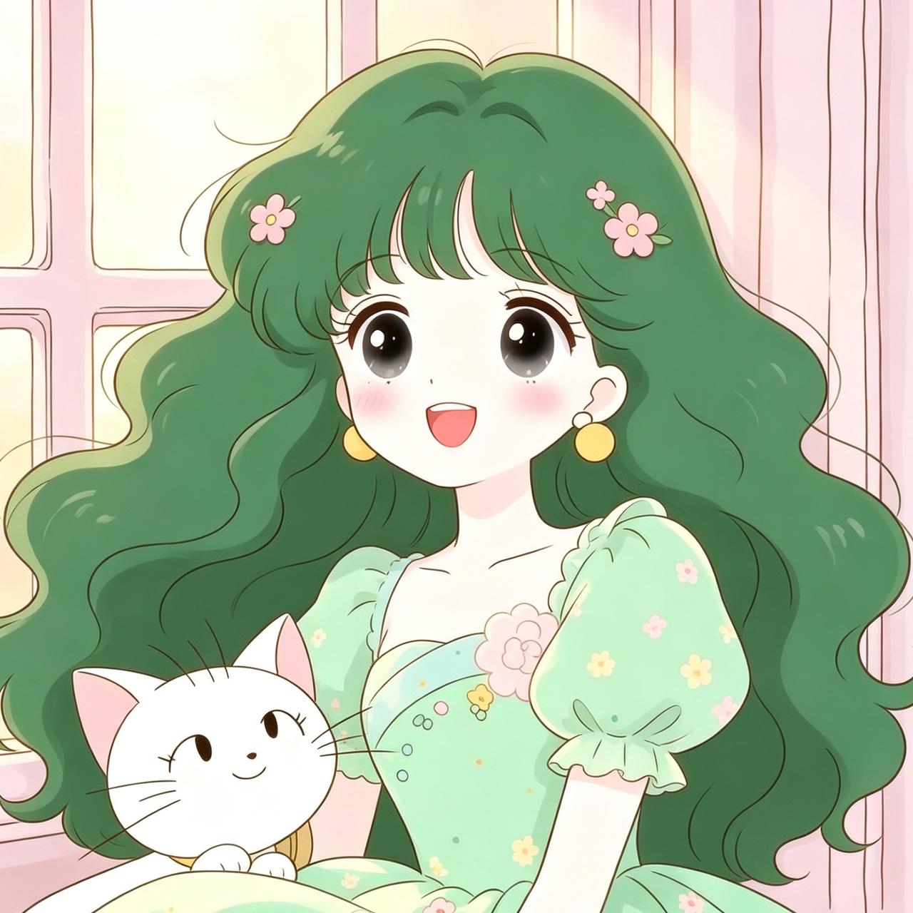 墨绿色温柔卡通女生头像