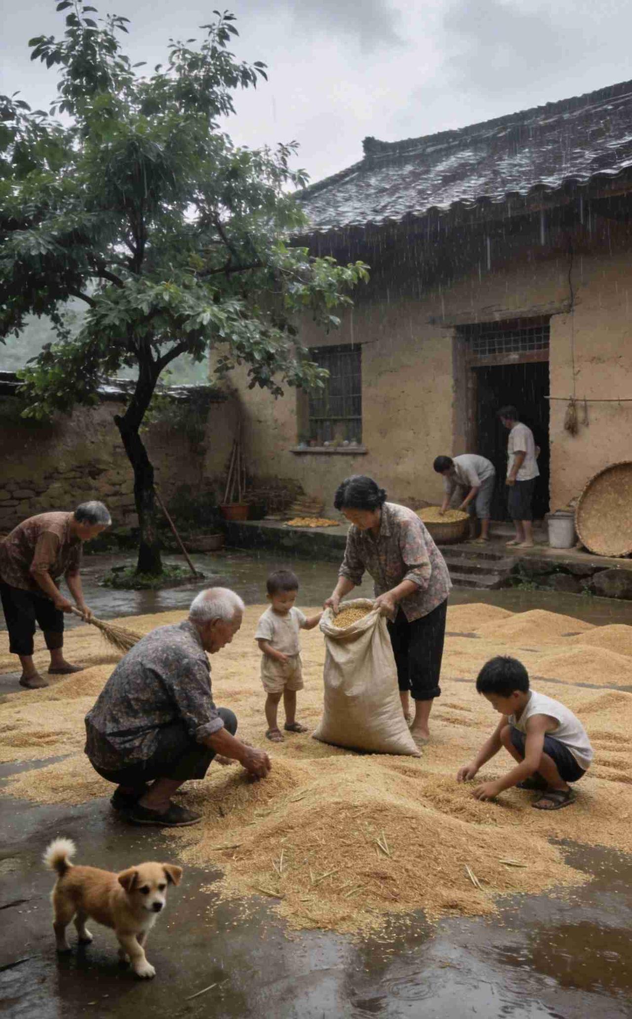 我的今日状态：😭伤心难过
我这里的天气：🌤️多云
《雨中收粮》
骤雨敲檐落瓦