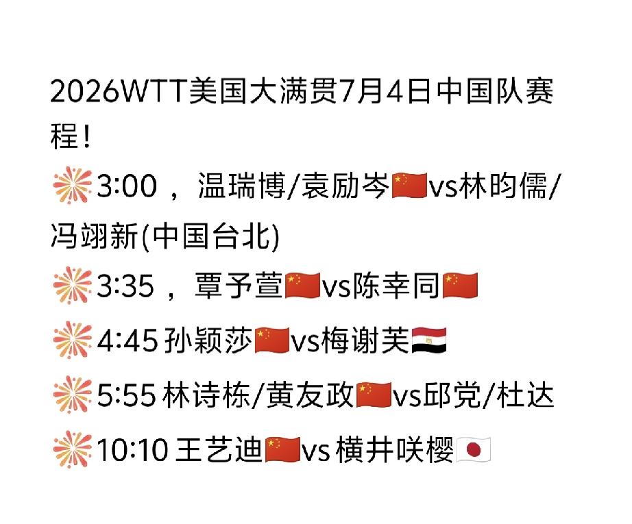 美国大满贯后天（7月4日，周六）赛程！
2026WTT美国大满贯后天即7月4日中