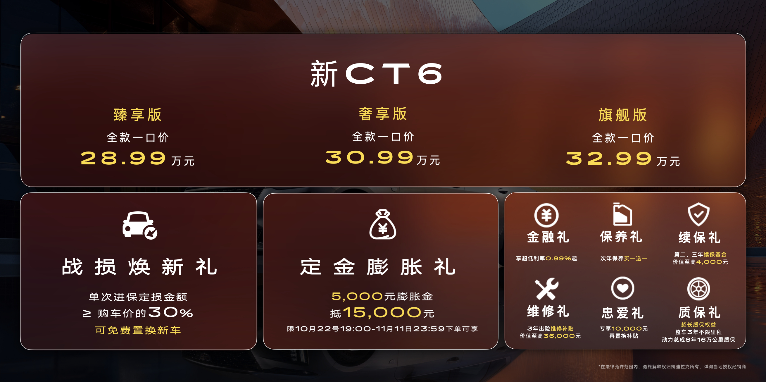 28万解锁CT6百万级磁浮底盘 凯迪拉克新CT6正式上市，三款车型，分别是臻享、
