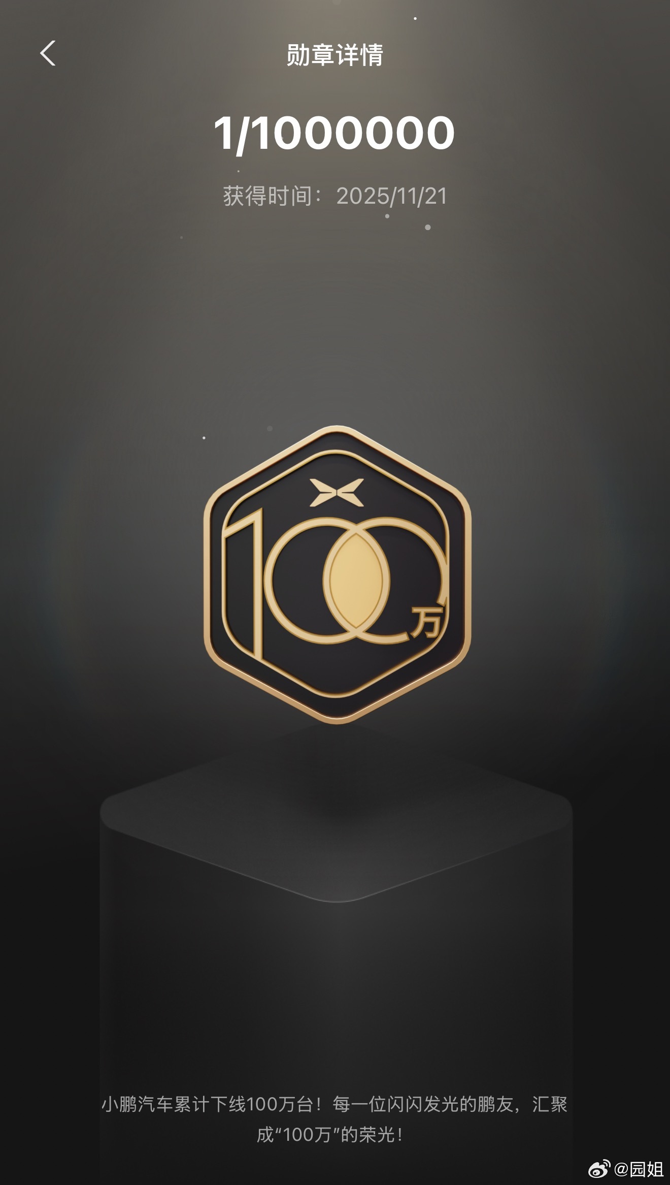 小鹏100万台下线勋章，1/100万，小鹏这几年卖的不错，之前买的小鹏MONA 