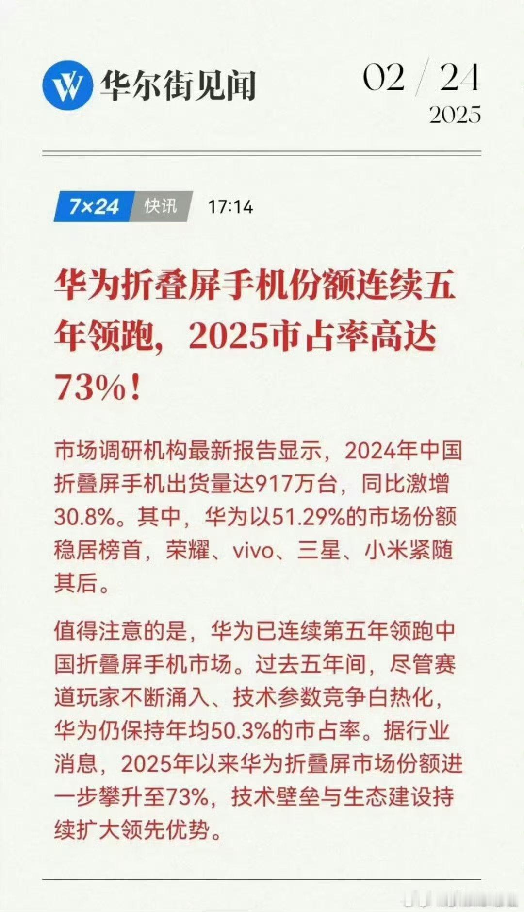 华为折叠屏，2025年市场份额飙升到73%[666]剩下所有品牌占27%[哈哈]