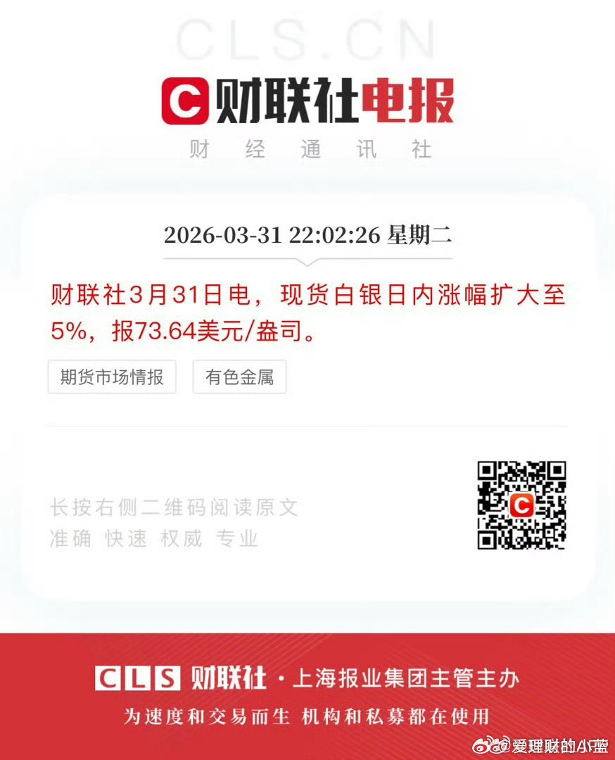 现货白银日内涨幅扩大至5%，报73.64美元/盎司。 