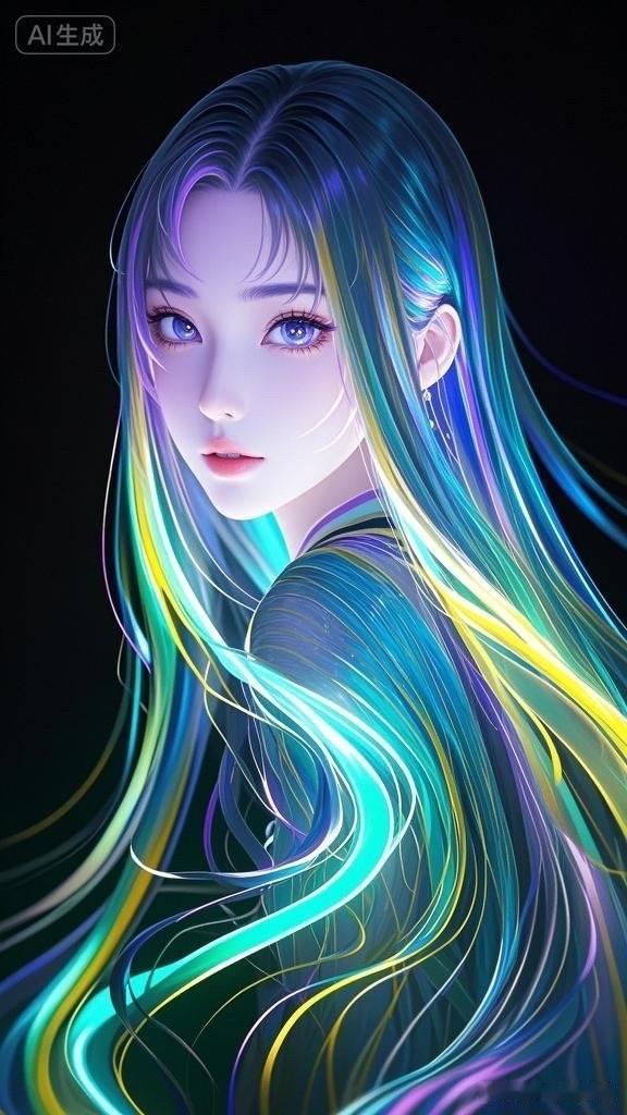 梦幻紫瞳少女，黑发与霓虹交织，AI生成，超现实美感！🌌✨