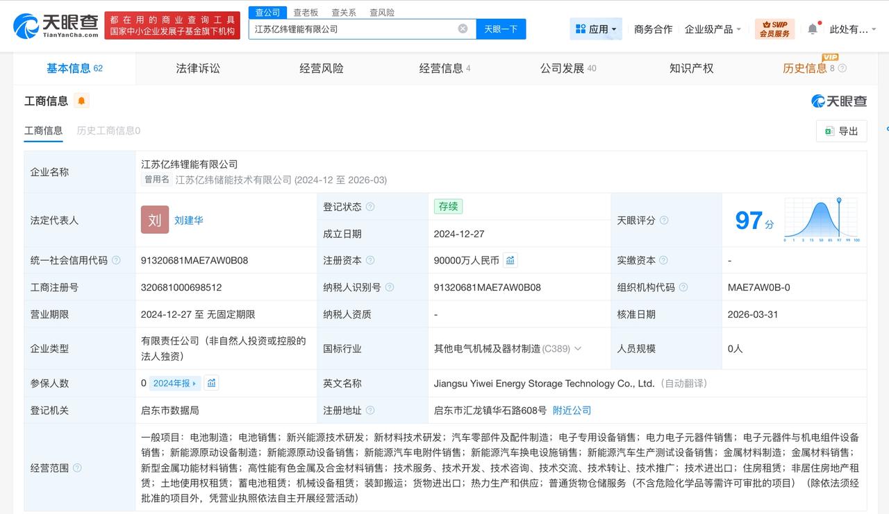 亿纬锂能江苏公司增资至9亿 增幅8900%

天眼查App显示，近日，江苏亿纬储