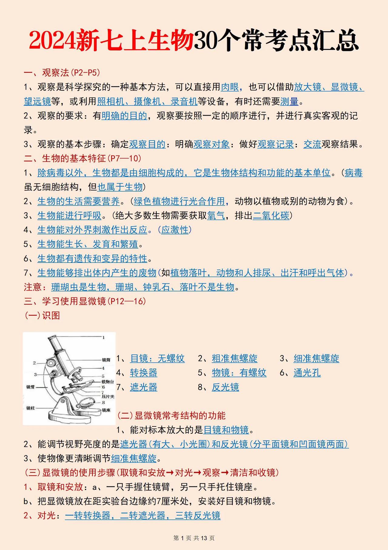 2024新版七年级上册生物30个常考汇总，初中生物会考复习资料