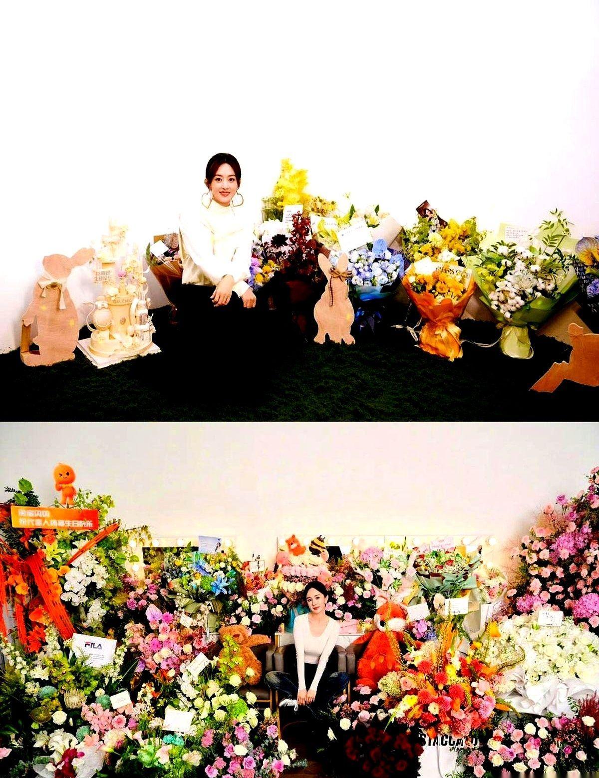 杨幂的花墙，是股市的K线图开的花。
11个品牌排着队送花，中央一块大屏，实时跳着