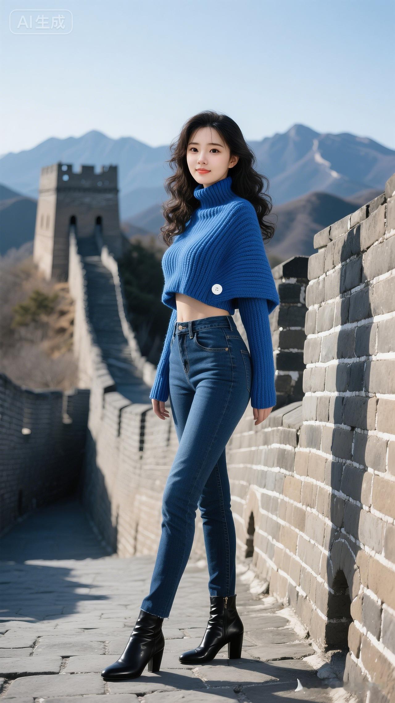 一个女孩在长城上拍照，风景美极了。