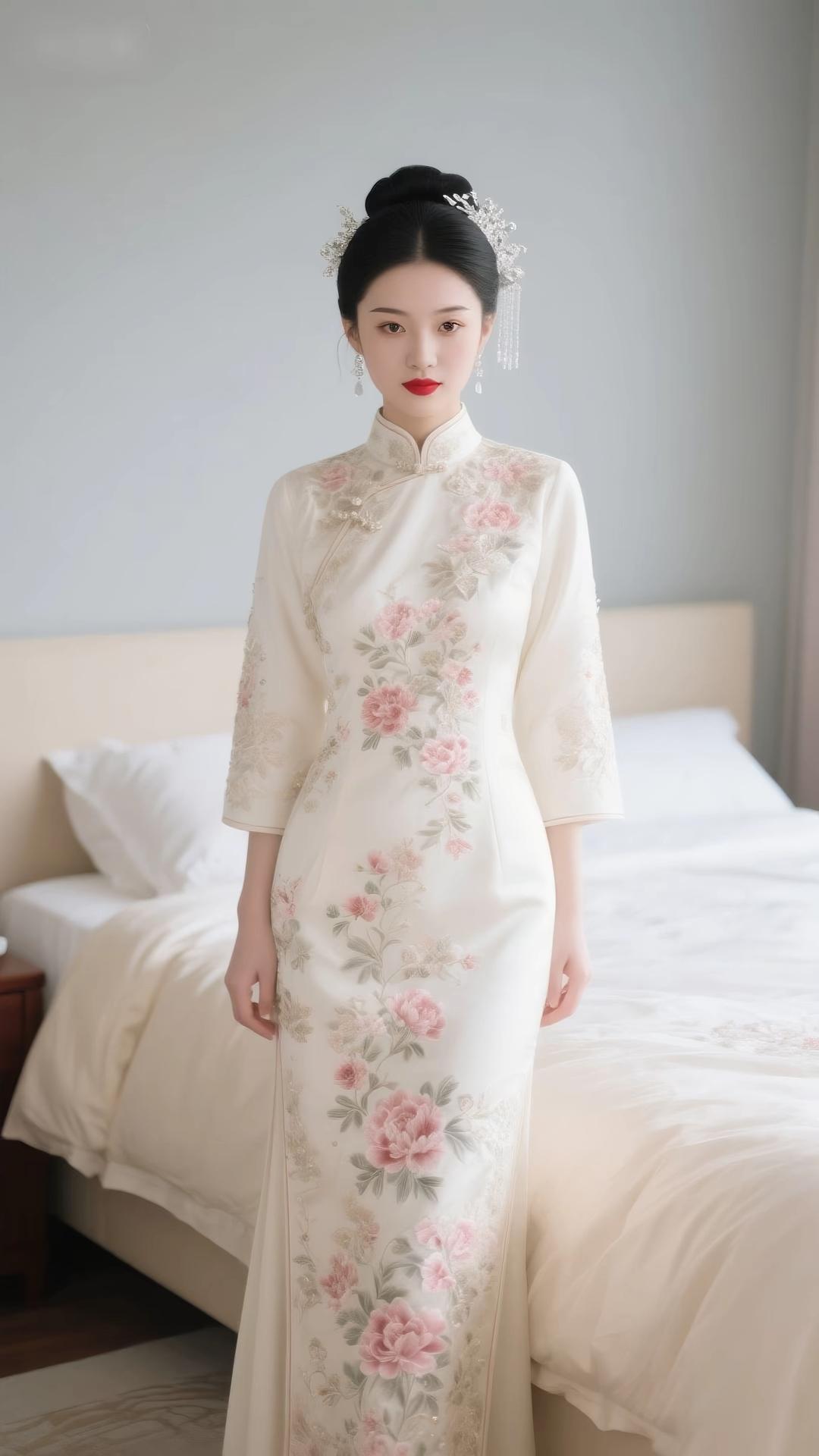 她着一袭象牙白的中式礼服，立于光影之间，宛如一幅工笔重彩的仕女图。缎面的光泽如月