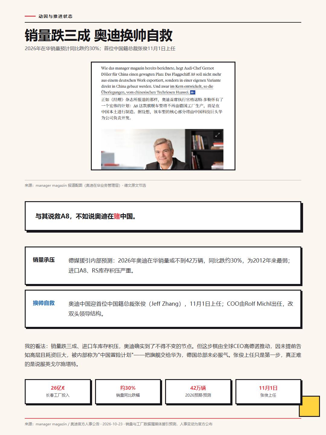 德国经理人杂志爆料，奥迪正和华为谈，中国版A8不再从德国进口，核心研发交给华为，