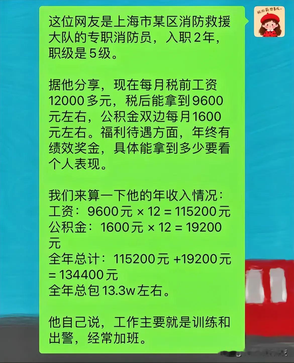 这是网友发的上海某区专职消防员，入职2年，据说全年总包13.3万左右！

上海的