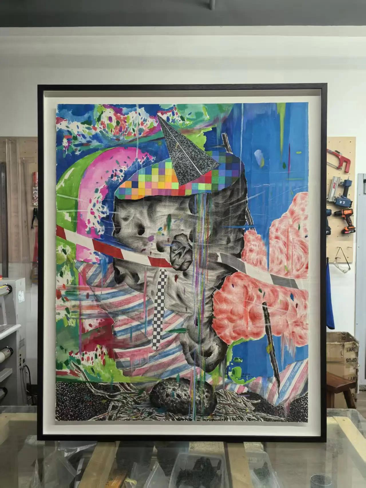 悬浮装裱两件作品。绘画 作品