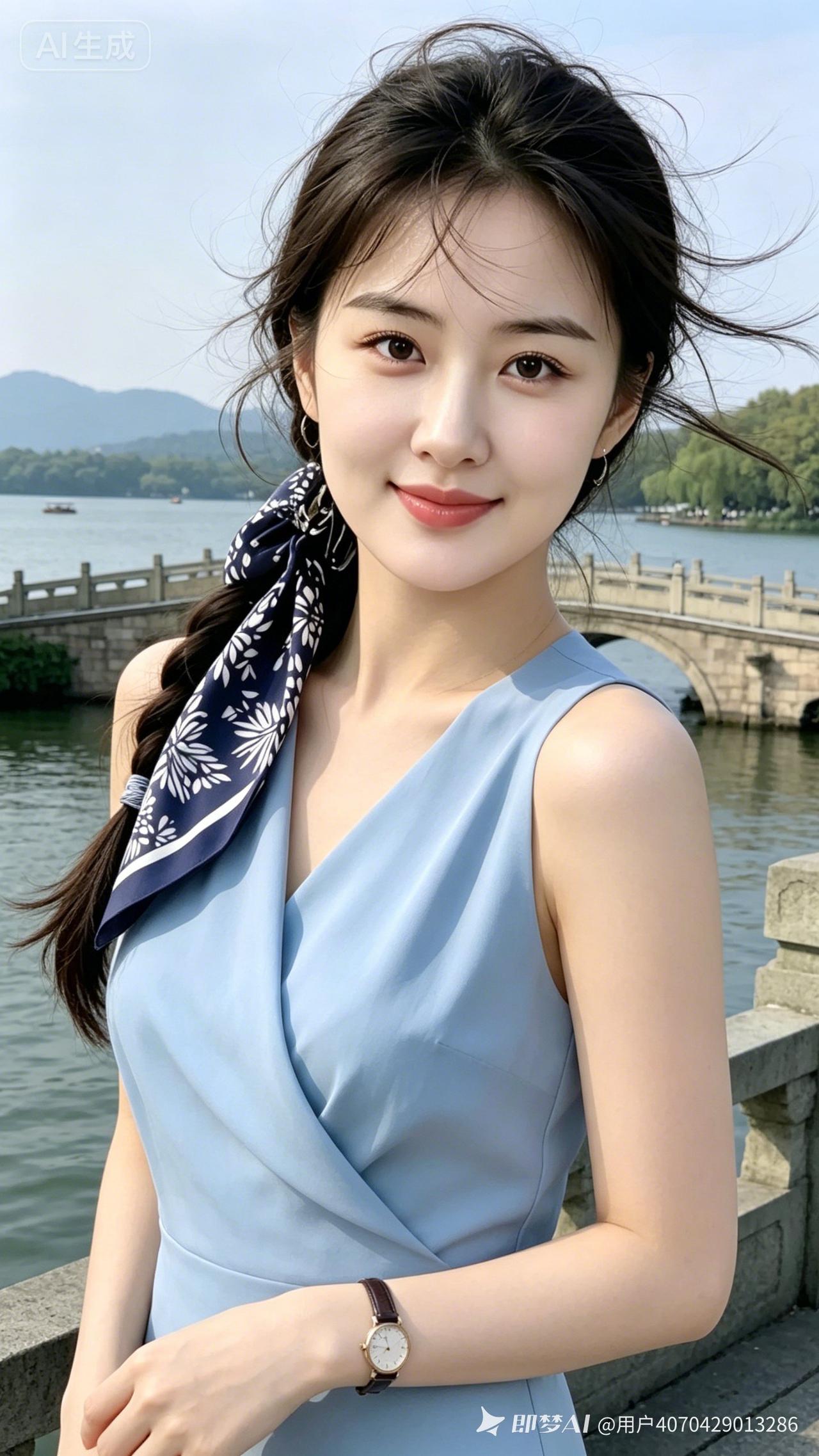 造型黑发随风错落飘散，知性美人眉眼精致透亮，冷白肌肤细腻无瑕。身着淡蓝不规则无袖