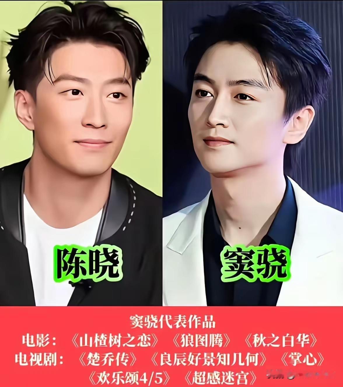 窦骁和陈晓
窦骁帅气高级优雅，身姿挺拔，多国言语配音，骑马射箭一流水平，挑战极限