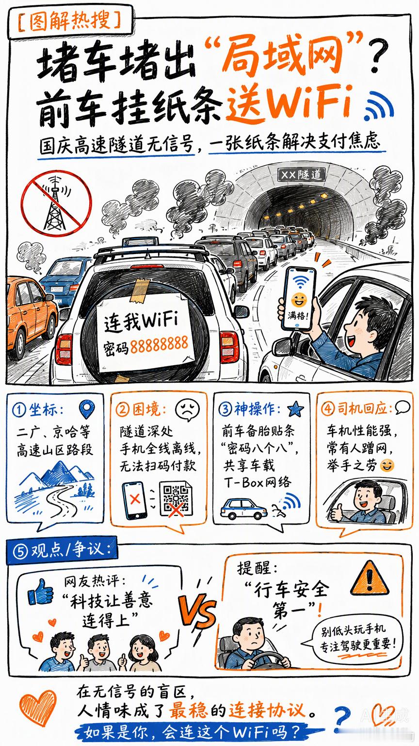 高速堵车悬挂免费WiFi司机发声 国庆假期多条高速出现拥堵。一名游客在隧道山区路