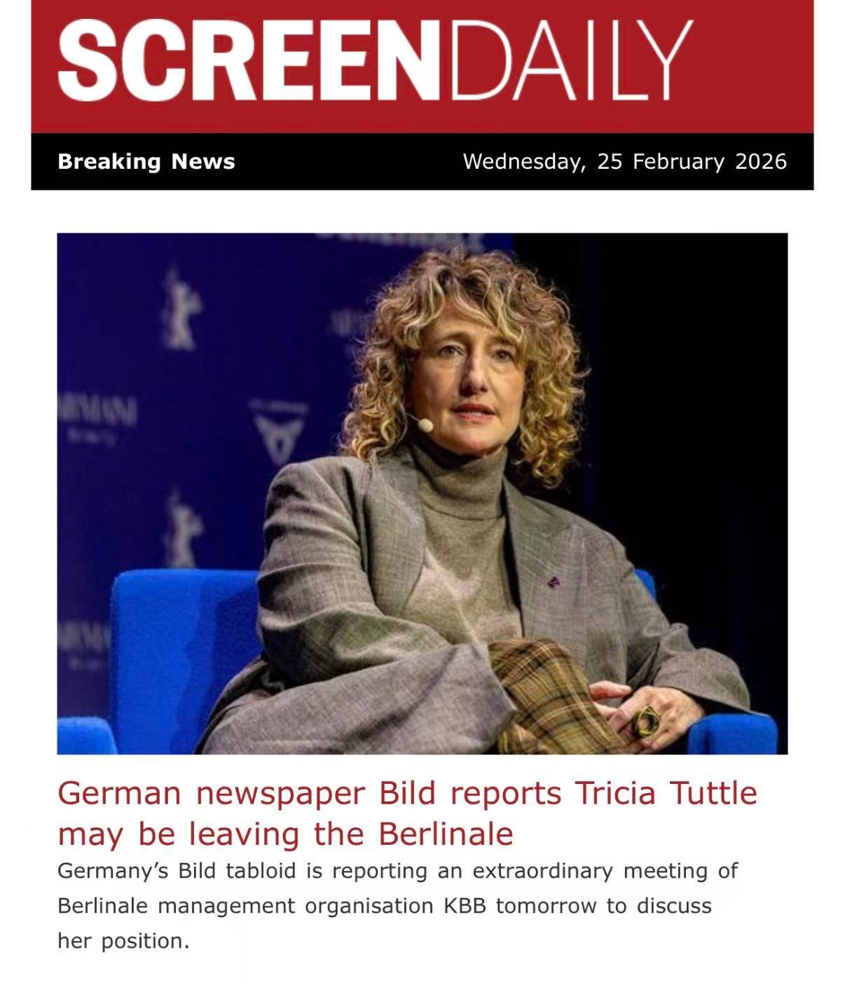 根据《银幕》报道，柏林电影节管理机构KBB将召开会议，就今年柏林电影节因言论引发