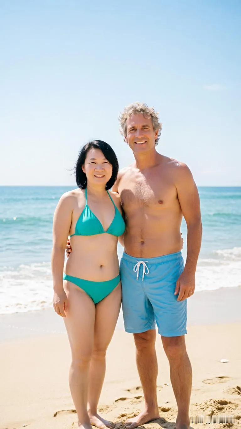 中年妇女独自旅游，在沙滩上，碰见外国友人，争先恐后与其合影！