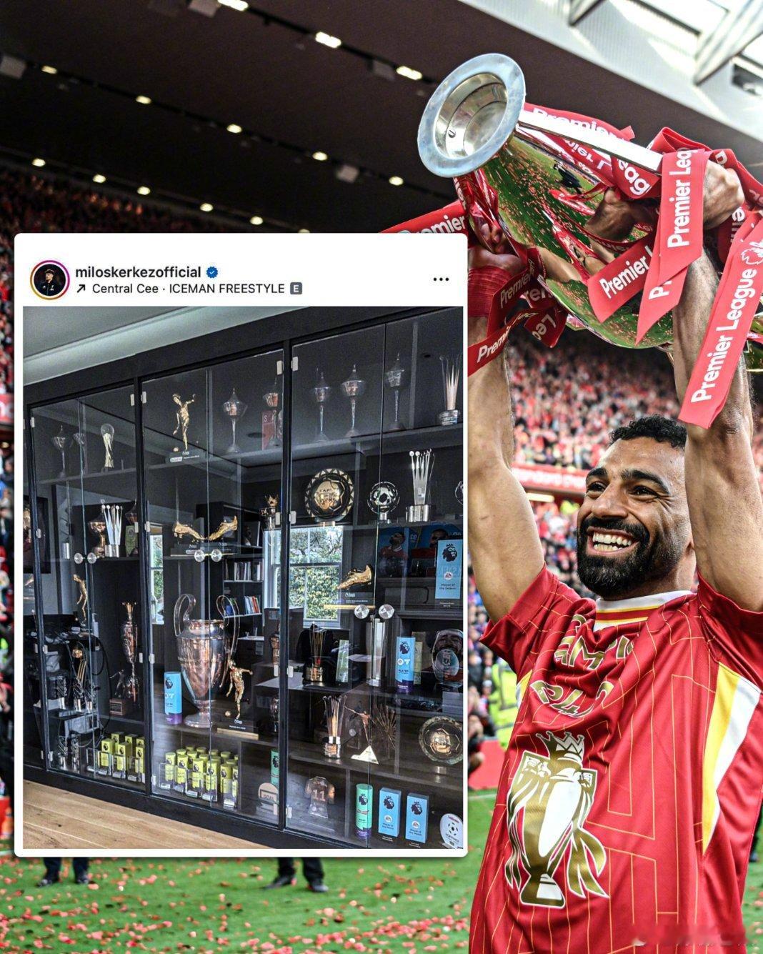 【凯尔凯兹晒出队友萨拉赫的荣誉柜！】埃及人共获得5次英超金靴，2次英超助攻王，2