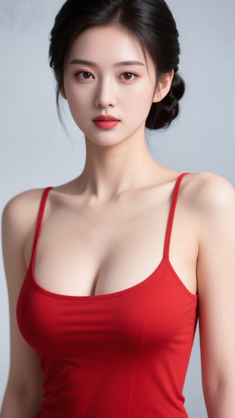 红衫静韵绽温柔
 
浅灰背景晕开一方静谧，一袭红衫在柔和光线下泛起温润光泽。发鬓